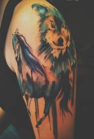uitstekende aquarel op de arm Wolf en paard tattoo patroon