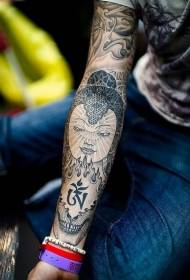 Stinging Buddha character on the arm and flame tattoo pattern