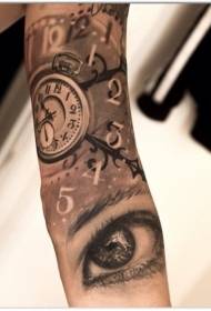 Patrón realista de tatuaje de ojo y brazo de reloj