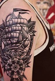 flower basket mixed with sailboat Arm tattoo pattern