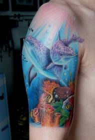 Underwater World and Dolphin Painted Arm Tattoo Pattern