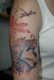 acuarelă frunze de lotus și model de tatuaj braț craniu