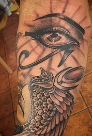black gray Horus on the right arm Eye and Egyptian style headdress tattoo pattern