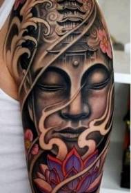 팔 색깔의 연꽃과 검은 회색 부처님 문신 패턴
