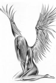 Juodai pilkas eskizas kūrybingi gražūs angelo sparnai mergaitės personažo tatuiruotės rankraštis
