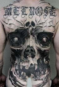 Czarno-biały wzór tatuażu czaszki horroru z pełnym tyłem