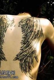 后背黑白羽翼翅膀纹身图案