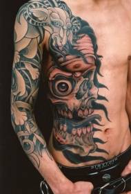 Mannelijke arm buik borst kleur mysterieuze Japanse schedel tattoo patroon