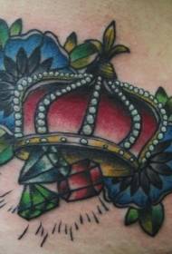 Corona in stile tradizionale e motivo a tatuaggio con diamanti colorati