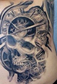 Côtes latérales et motif horloge tatouage gris noir mécanique