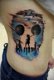 Waist color skull children with balloon tattoo pattern