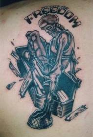 disegno del tatuaggio teschio in bara di frassino nero sul retro