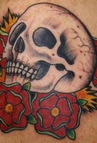 Leg Mexican color skull and rose tattoo