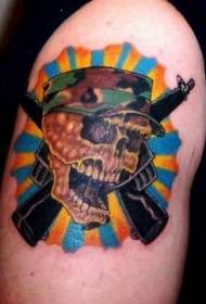Shoulder color skull gun tattoo pattern