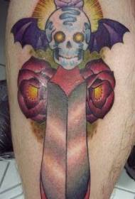 Leg color skull and rose tattoo pattern