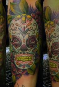 Modello di tatuaggio teschio caramelle colorate braccio
