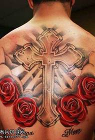 Back beautiful cross rose tattoo pattern