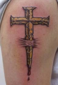 Modello di tatuaggio croce d'oro che perfora la pelle