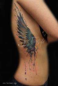 Side ribbed watercolor style painted single wing tattoo pattern