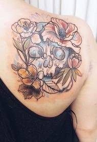 Schouderkleur schets stijl schedel met bloemen tattoo patroon