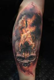 Calf colored burning building with skull tattoo pattern