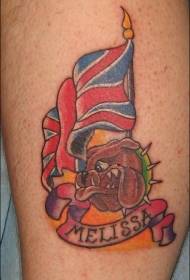 Leg color bulldog and british flag tattoo