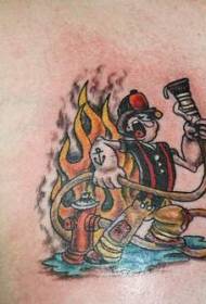 Modello di tatuaggio colore pompiere personaggio dei cartoni animati