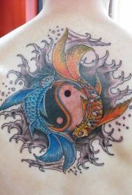 Tatouage de calamars brillants et de potins yin et yang à l'arrière