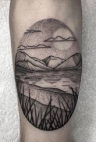 Boy's arm op zwart grijs schets punt doorn vaardigheid creatieve literaire landschap tattoo foto