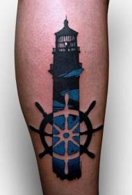 Faro de color de pierna con patrón de tatuaje de volante de barco