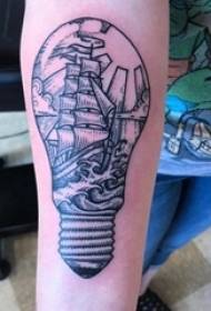 Schoolboy arm on black simple geometric line light bulb and sailboat tattoo picture
