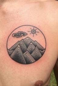 Boy chest black gray sketch geometric element landscape tattoo picture