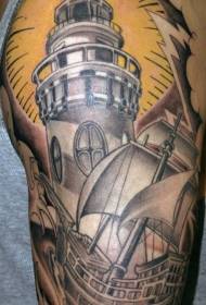 Цветные татуировки с изображением маяка и корабля