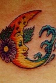 Fona krāsu karikatūras mēness un ziedu tetovējums