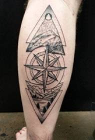 Berniukai blauzdos ant juodo pilko eskizo taško erškėčių triukas kūrybinio kompaso kraštovaizdžio tatuiruotės nuotrauka