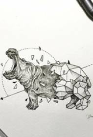 Lukisan garis hitam haiwan kreatif hippo elemen geometri abstrak tatu manuskrip