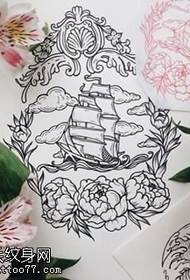Rankraštinis klasikinis burlaivio tatuiruotės modelis