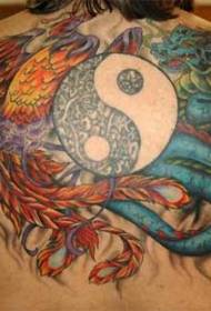 Takavärinen lohikäärme ja feniksi Yin Yang juorien tatuointikuvio
