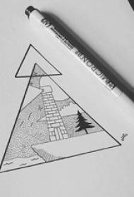 Fekete vonal vázlat kreatív háromszög táj tetoválás kézirat