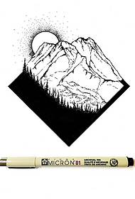 Manoscritto del modello del tatuaggio del paesaggio geometrico dell'alba della montagna della spina del punto