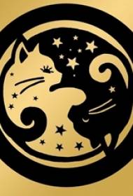 Skica e linjës së zezë letrare e bukur e lezetshme për macen yin dhe yang dhe yang gipsip tatuazhe