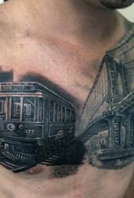 Реалистични узорак тетоваже влака у боји груди