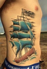 Kiuno-upande rangi nzuri pirate meli tattoo muundo