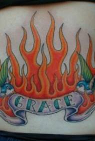 Fiamma colorata e disegno del tatuaggio del passero