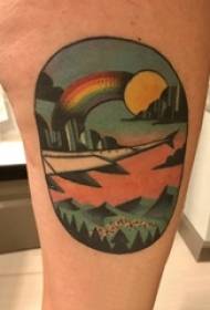 Jongens armen geschilderd aquarel prachtige landschap zonsondergang regenboog tattoo foto's