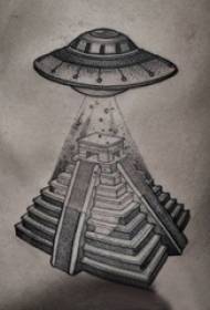 Useita mustia linjoja luova hauska universumin UFO-tatuointikuvio