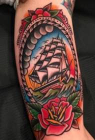 Modello di tatuaggio colorato di barca a vela in stile oldschool