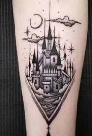 European and American black and gray style castle architecture tattoo works