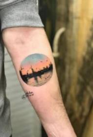 Round landscape tattoo small landscape tattoo pattern in a set of round figures on the arm