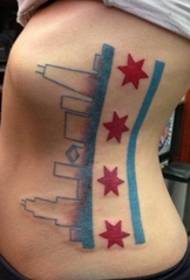 Tattoo ნიმუში, რომელიც ასახავს ქალაქის ლოგოს შენობას Skyline